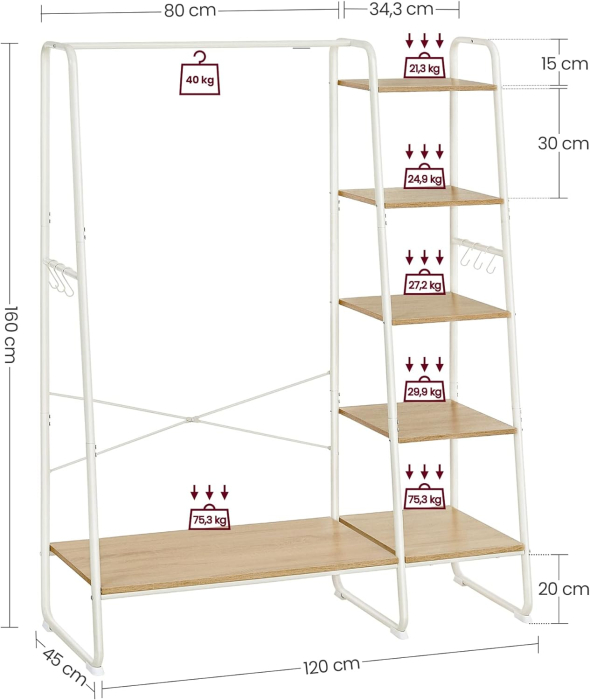 Raft pentru haine cu suport pentru pantofi, 5 polite, 6 carlige laterale, 45x120x160cm, alb [3]