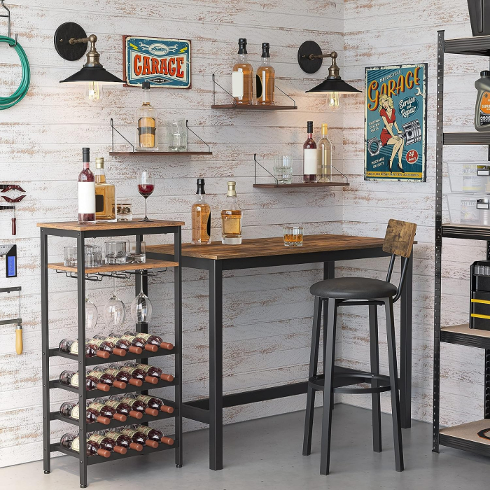 Raft pentru vinuri, capacitate 20 de sticle, cu suport pentru pahare, stil industrial, 50x32x100cm, maro rustic si negru [2]