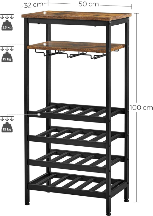 Raft pentru vinuri, capacitate 20 de sticle, cu suport pentru pahare, stil industrial, 50x32x100cm, maro rustic si negru [3]