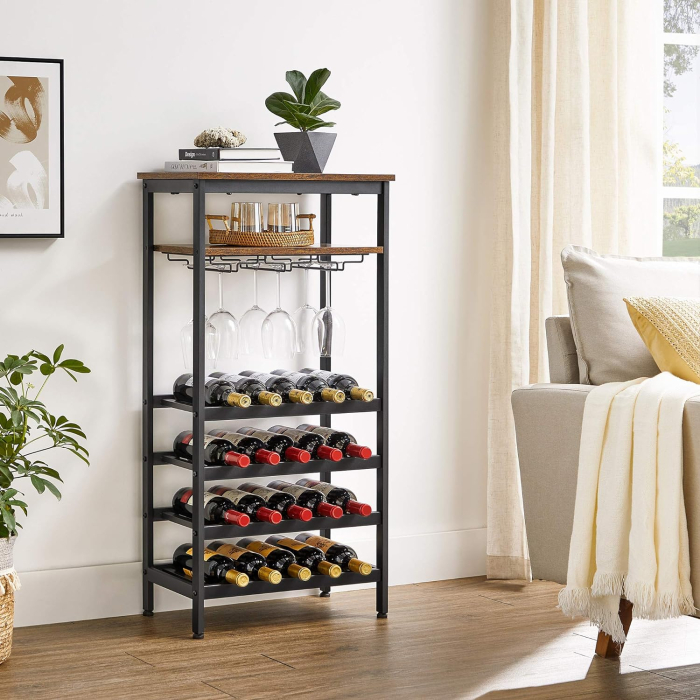 Raft pentru vinuri, capacitate 20 de sticle, cu suport pentru pahare, stil industrial, 50x32x100cm, maro rustic si negru [1]