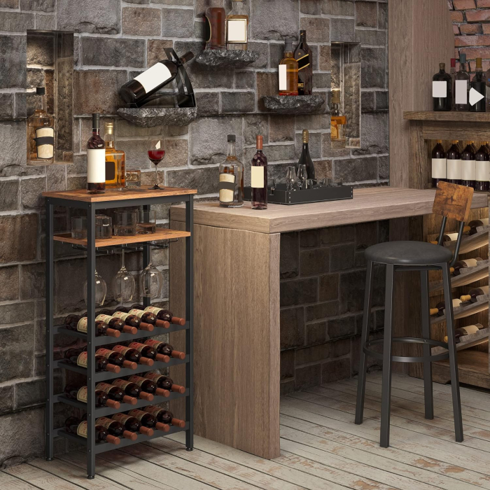 Raft pentru vinuri, capacitate 20 de sticle, cu suport pentru pahare, stil industrial, 50x32x100cm, maro rustic si negru [6]