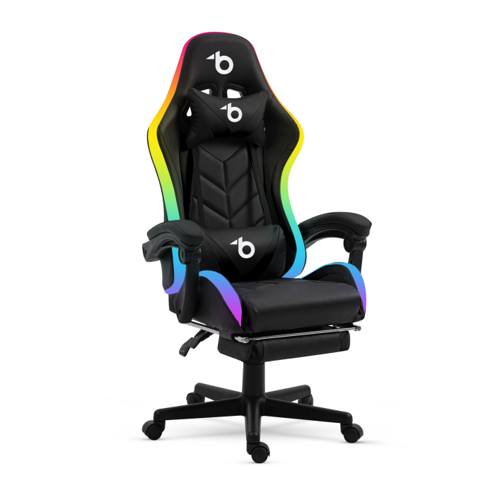 Scaun gamer RGB LED - cu cotiere, perna - negru [1]