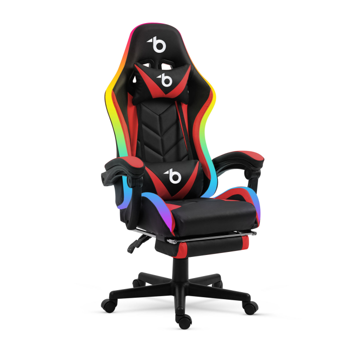 Scaun gamer RGB LED - cu cotiere, perna - negru/rosu [1]