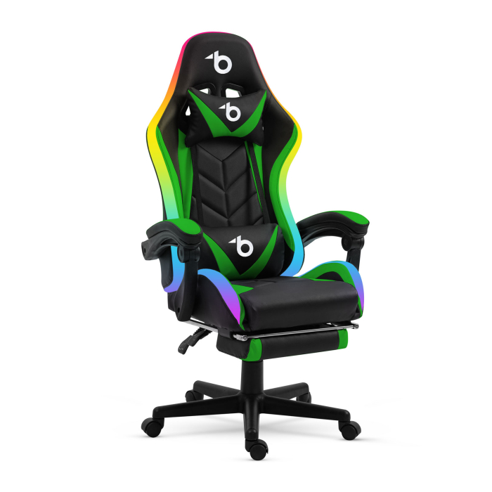 Scaun gamer RGB LED - cu cotiere, perna - negru/verde [1]