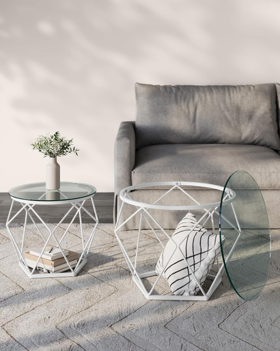 Set 2 masute rotunde, blat sticla securizata, cadru metalic alb, 40 si 50 cm, alb [4]