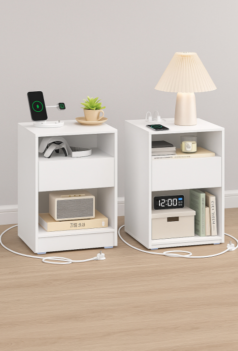 Set 2 noptiere cu porturi USB si prize, sertar si rafturi deschise, 45x35x58 cm, alb mat [5]