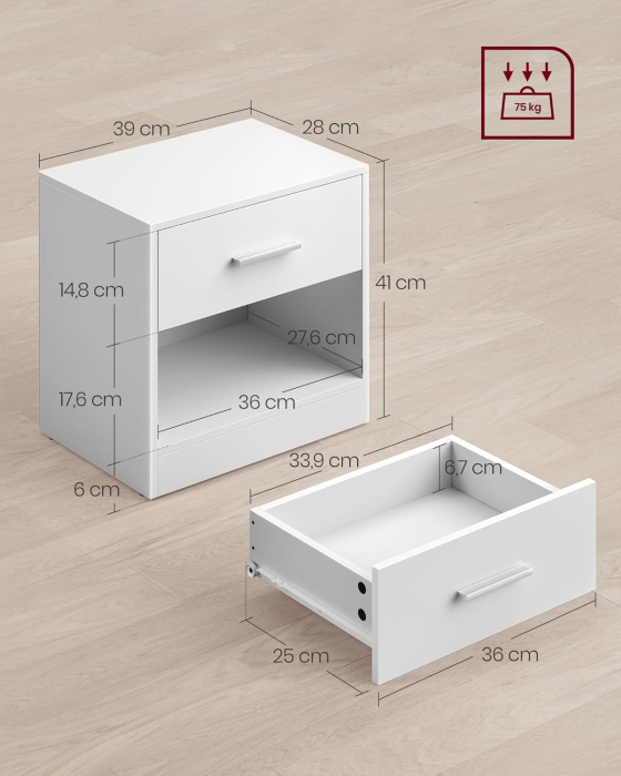 Set 2 noptiere, cu sertar si compartiment deschis, PAL, 28x39x41 cm, alb [2]