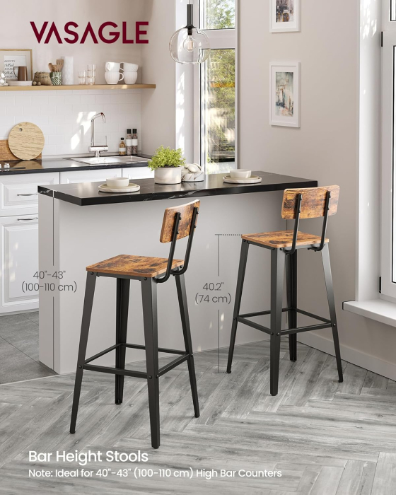 Set 2 scaune de bar, inalte cu spatar, industrial, 45x45x102cm, maro rustic si negru [3]