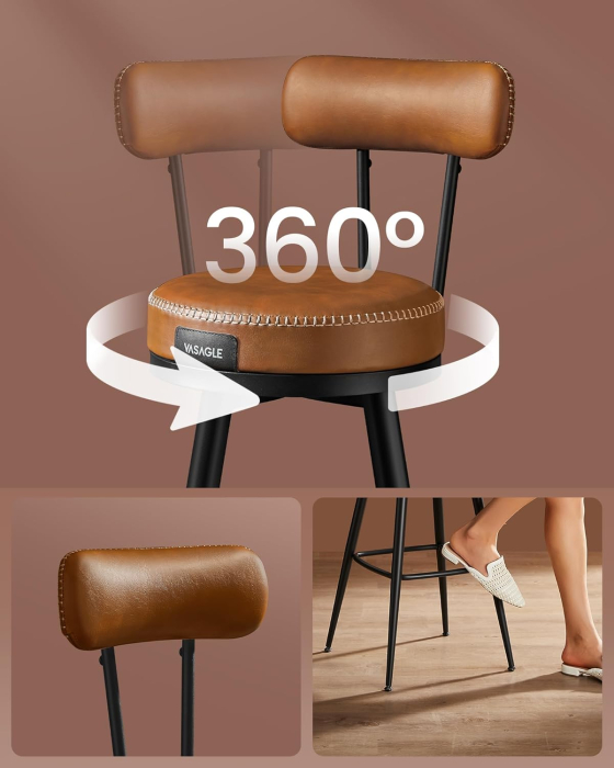 set 2 scaune de bar rotative 360°, cu spatar, inaltime 101 cm, piele sintetica, cadru otel, stil modern, maro [2]