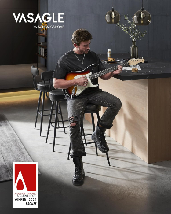 set 2 scaune de bar rotative 360°, cu spatar, inaltime 101 cm, piele sintetica, cadru otel, stil modern, negru [5]