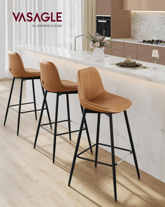 Set 2 scaune de bar, spatar ergonomic din piele ecologica, cadru metalic, 50x50x99 cm, maro caramel [1]