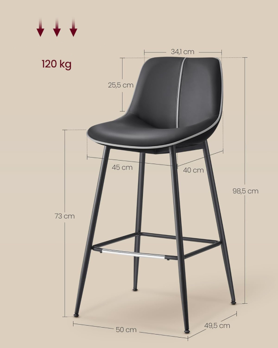 Set 2 scaune de bar, spatar ergonomic din piele ecologica, cadru metalic, 50x50x99 cm, negru [2]