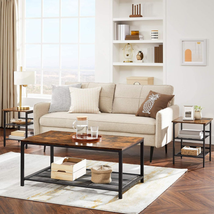 Set de 2 noptiere, cu cadru metalic, blat MDF, rafturi reglabile, 40x40x50cm, maro rustic [3]