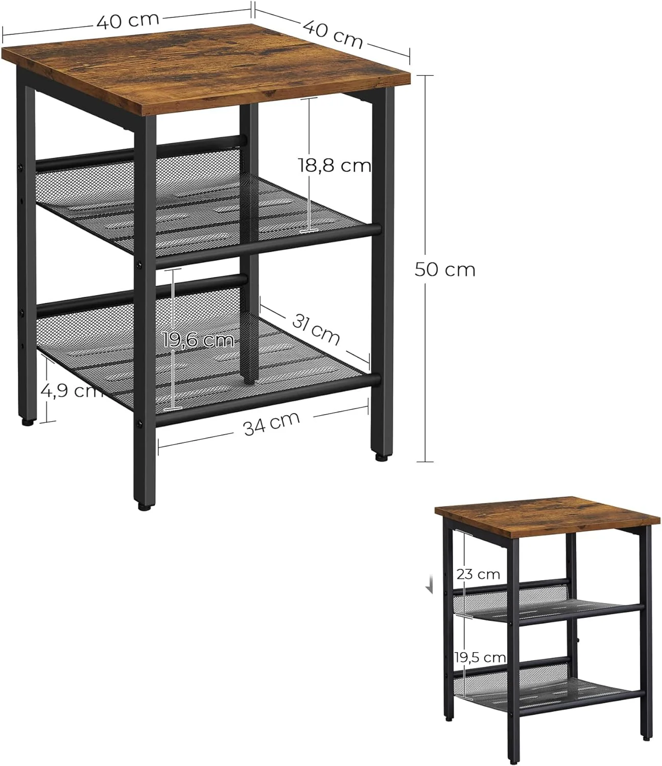 Set de 2 noptiere, cu cadru metalic, blat MDF, rafturi reglabile, 40x40x50cm, maro rustic [7]