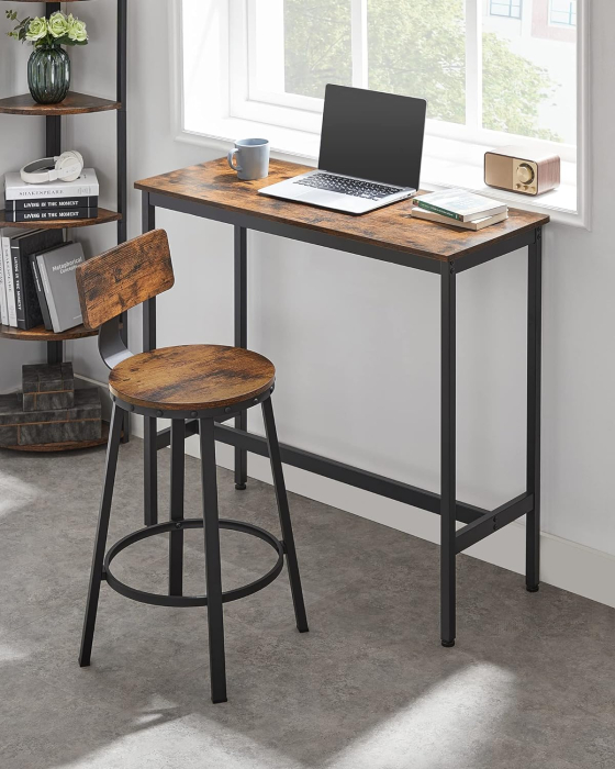 Set de 2 scaune de bar inalte cu spatar, cadru din otel, industrial, 51x89cm, maro rustic [6]