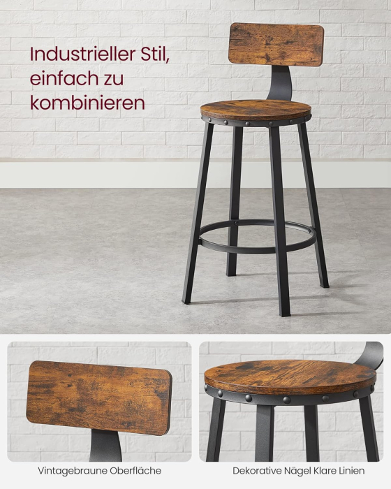 Set de 2 scaune de bar inalte cu spatar, cadru din otel, industrial, 51x89cm, maro rustic [7]