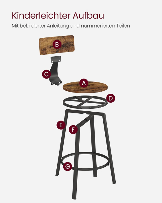 Set de 2 scaune de bar inalte cu spatar, cadru din otel, industrial, 51x89cm, maro rustic [9]