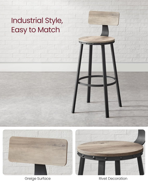 Set de 2 scaune de bar inalte cu spatar, cadru din otel, industrial, 54x99cm, gri stejar [6]