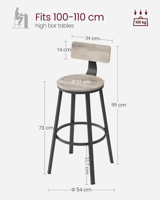 Set de 2 scaune de bar inalte cu spatar, cadru din otel, industrial, 54x99cm, gri stejar [5]