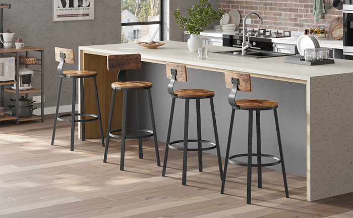 Set de 2 scaune de bar inalte cu spatar, cadru din otel, industrial, 54x99cm, maro rustic [2]