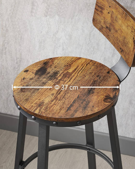 Set de 2 scaune de bar inalte cu spatar, cadru din otel, industrial, 54x99cm, maro rustic [6]