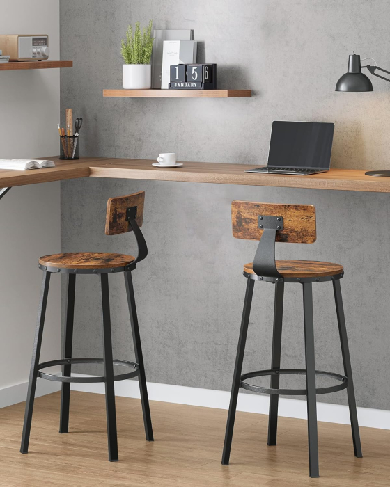 Set de 2 scaune de bar inalte cu spatar, cadru din otel, industrial, 54x99cm, maro rustic [3]