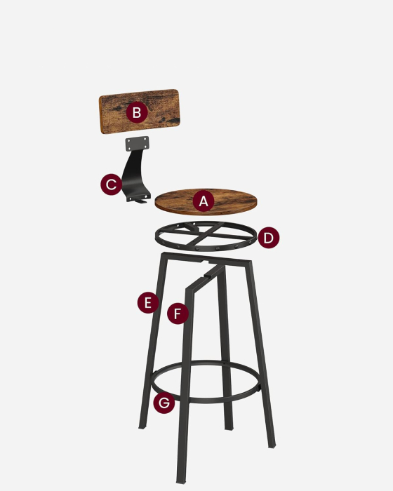 Set de 2 scaune de bar inalte cu spatar, cadru din otel, industrial, 54x99cm, maro rustic [7]