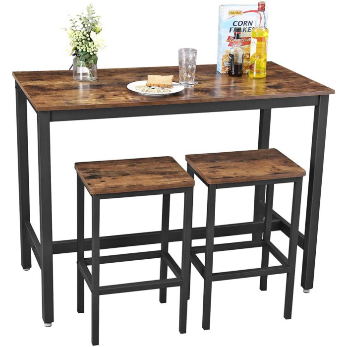 Set masa de bar cu 2 scaune, cadru din otel, blat lemn, design industrial, 100x40x90cm, maro rustic si negru [13]