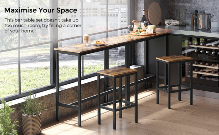 Set masa de bar cu 2 scaune, cadru din otel, blat lemn, design industrial, 100x40x90cm, maro rustic si negru [1]