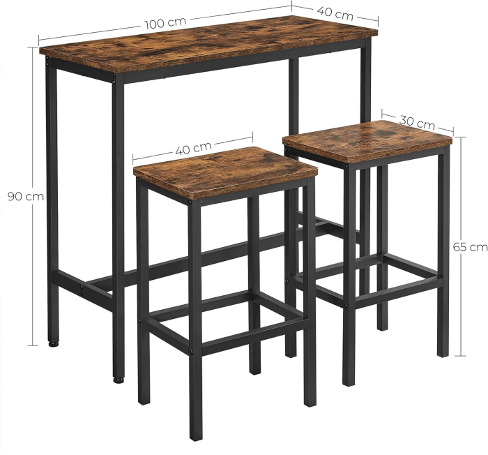 Set masa de bar cu 2 scaune, cadru din otel, blat lemn, design industrial, 100x40x90cm, maro rustic si negru [5]