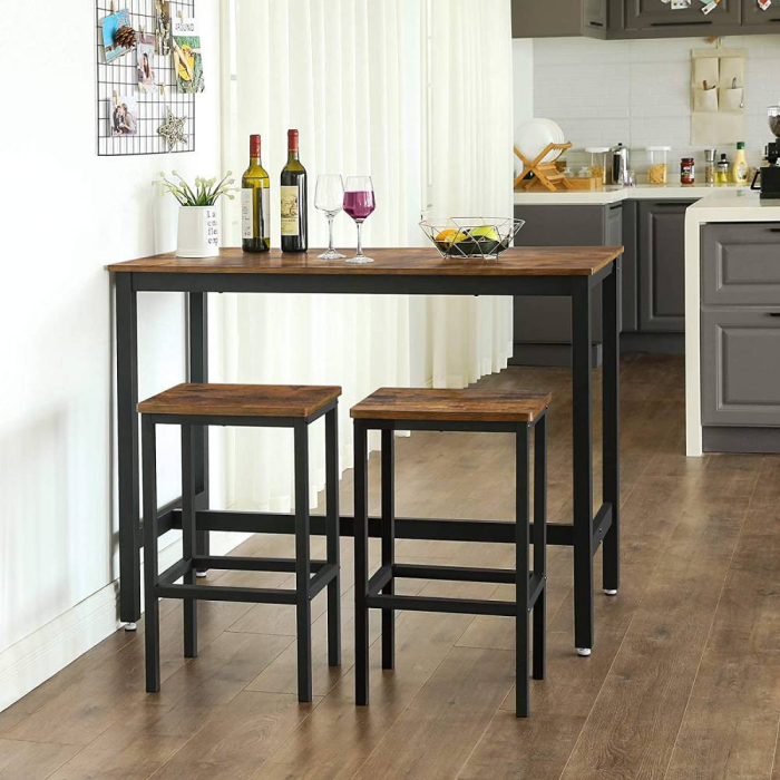 Set masa de bar cu 2 scaune, cadru din otel, blat lemn, design industrial, 100x40x90cm, maro rustic si negru [14]
