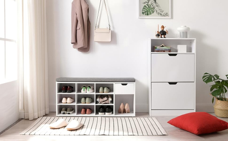 Pantofare - Banca de depozitare cu suport pentru pantofi, 10 compartimente si dulap, cu perna, 30x104x48cm, alb