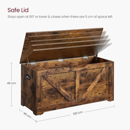 Banca de depozitare tip cufar, cu 2 balamale de siguranta, stil hambar, 40x100x46cm, maro rustic [5]