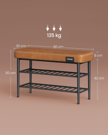 Banca pantofi 80x30x50 cm, cu rafturi si sezut tapitat, otel si piele PU, maro caramel [3]