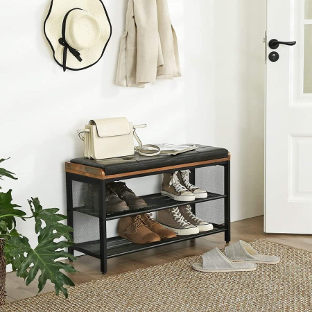 Pantofare - Banca pentru hol, cu raft suport de pantofi, sezut captusit imitatie piele, design industrial, 30x80x48cm, negru cu maro