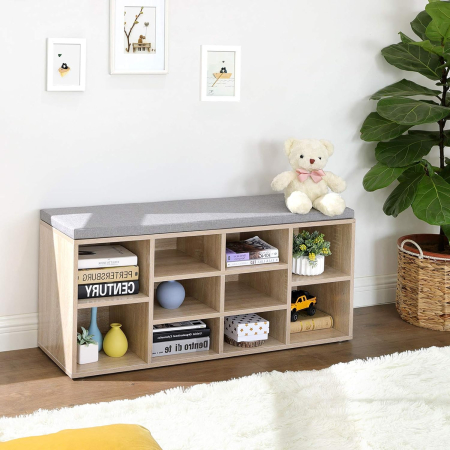 Pantofare - Banca pentru hol cu suport pentru pantofi, 10 compartimente, cu perna, 104x48x30cm, stejar