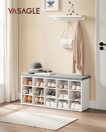 Pantofare - Banca pentru hol cu suport pentru pantofi, 15 compartimente, cu perna, 30x105x48cm, alb
