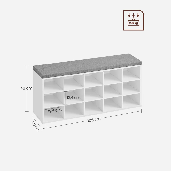 Banca pentru hol cu suport pentru pantofi, 15 compartimente, cu perna, 30x105x48cm, alb [8]