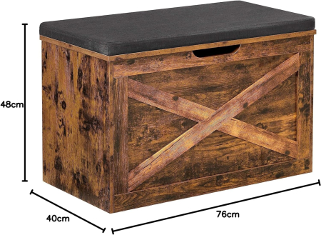 Banca pentru pantofi cu perna, tip cufar de depozitare, stil hambar, 76x40x48cm, maro rustic [3]