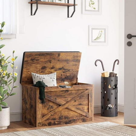 Banca pentru pantofi cu perna, tip cufar de depozitare, stil hambar, 76x40x48cm, maro rustic [2]