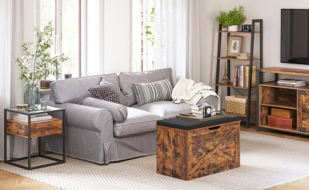 Banca pentru pantofi cu perna, tip cufar de depozitare, stil hambar, 76x40x48cm, maro rustic [1]