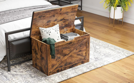 Pantofare - Banca pentru pantofi cu perna, tip cufar de depozitare, stil hambar, 76x40x48cm, maro rustic