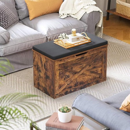 Banca pentru pantofi cu perna, tip cufar de depozitare, stil hambar, 76x40x48cm, maro rustic [5]