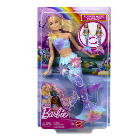 Universul Copiilor - BARBIE PAPUSA SIRENA FLOARE MAGICA CU PAR BLOND SI COADA ALBASTRA