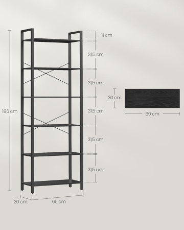 Articole pentru casă - Biblioteca 6 niveluri, cu cadru metalic si rafturi PAL, 66x30x186 cm, negru