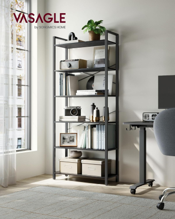 Biblioteca 6 rafturi, cadru metalic si polite PAL, stil industrial, 80x30x186 cm, negru [2]