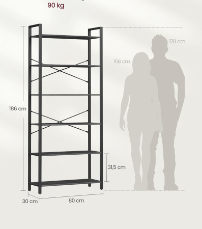 Biblioteca 6 rafturi, cadru metalic si polite PAL, stil industrial, 80x30x186 cm, negru [4]