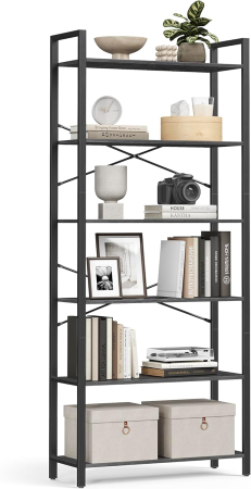 Articole pentru casă - Biblioteca 6 rafturi, cadru metalic si polite PAL, stil industrial, 80x30x186 cm, negru
