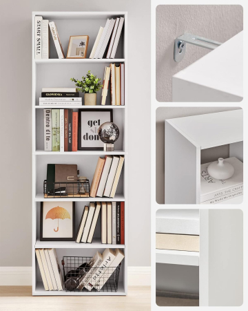 Biblioteca 6 rafturi, in stil scandinav, rafturi ajustabile, PAL, 60x24x179 cm, alb [5]