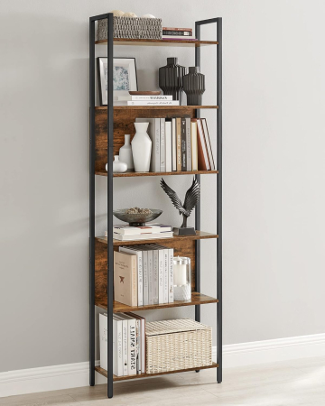 Biblioteca 60x24x186 cm, 6 rafturi, stil industrial, PAL si otel, maro rustic-negru [7]